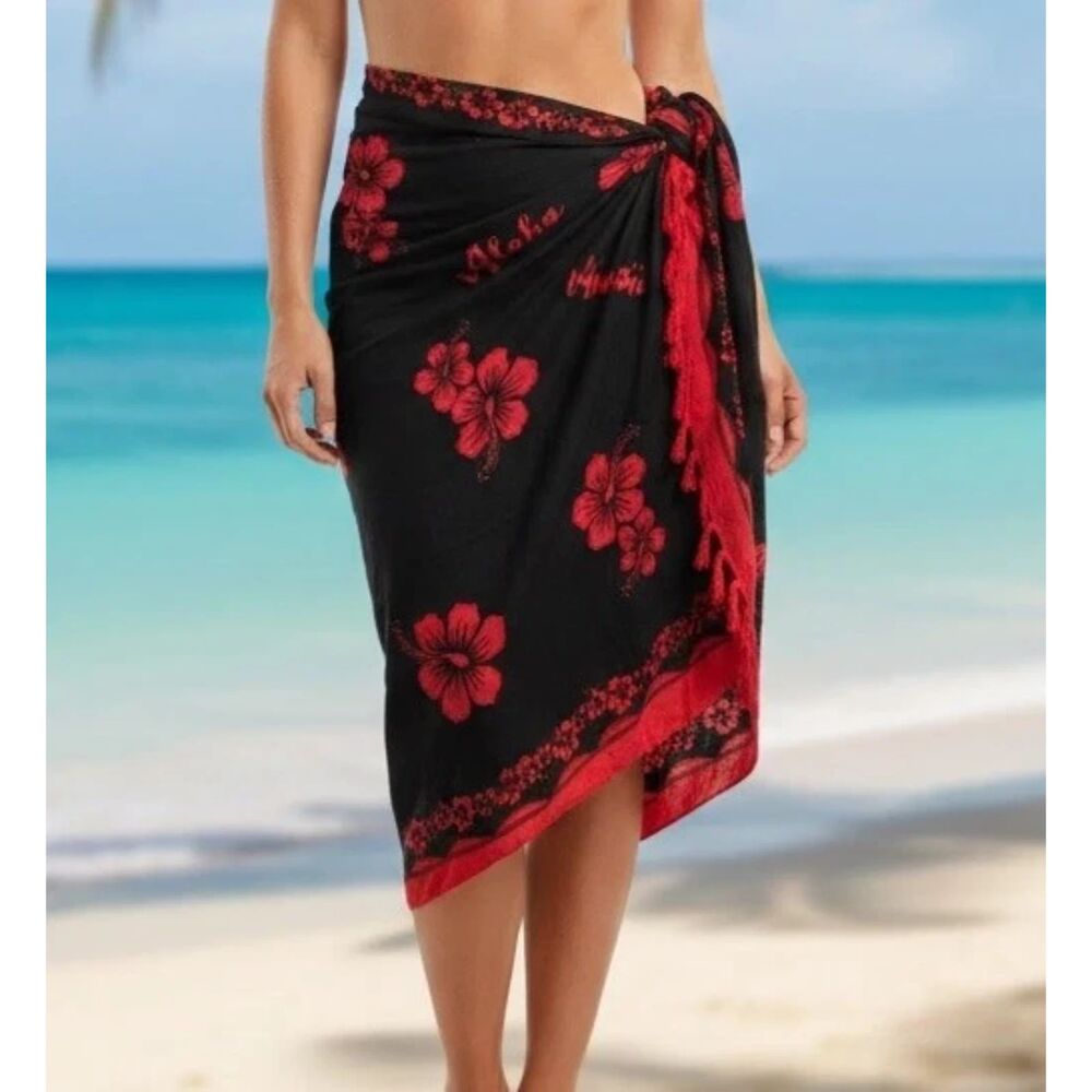 Unity Hawaii Floral Scarf Sarong Hand Made Red Hibiscus Flower Fringe Rayon